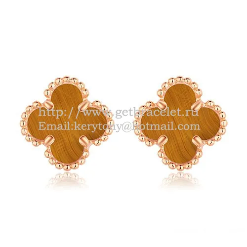 Van Cleef & Arpels Sweet Alhambra Earrings Pink Gold With Tiger's Eye Mother Of Pearl