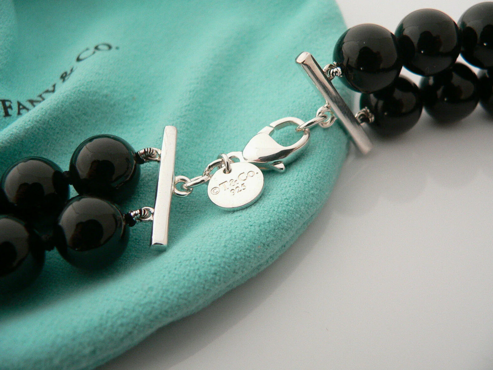 Tiffany & Co Silver Onyx Gemstone Ball Bead Necklace Double Strand Chain Gift