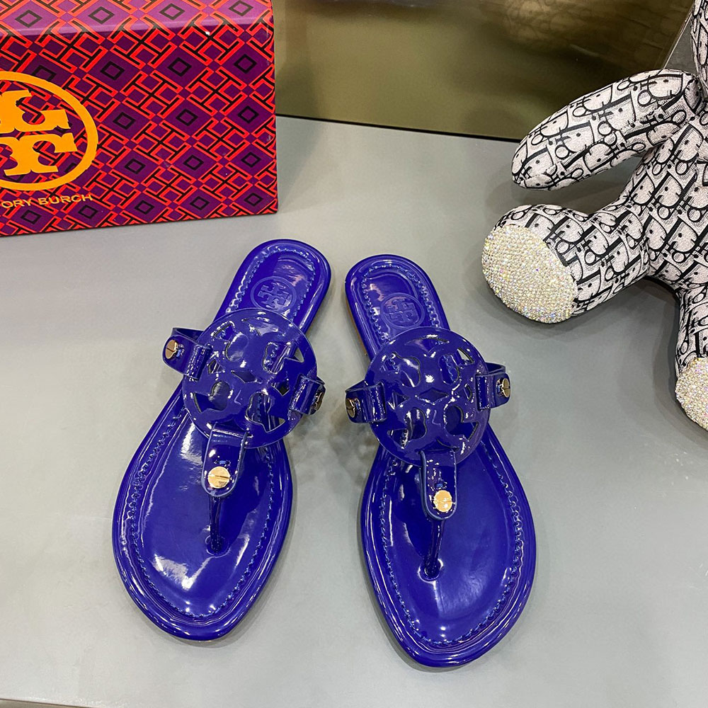 Tory Burch Leather Metal Double T Logo Flip-flops Sandals Slide (Replica)