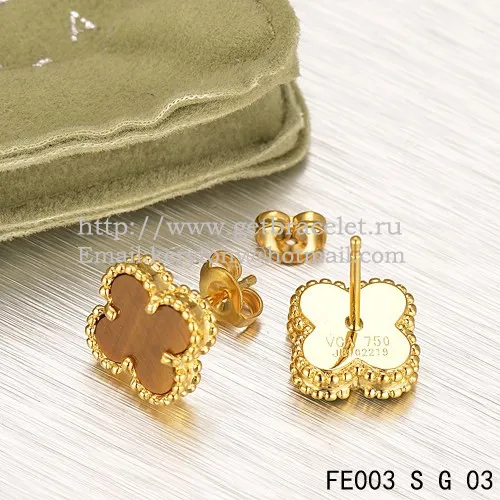 Van Cleef & Arpels Sweet Alhambra Earrings Yellow Gold With Tiger's Eye Mother Of Pearl