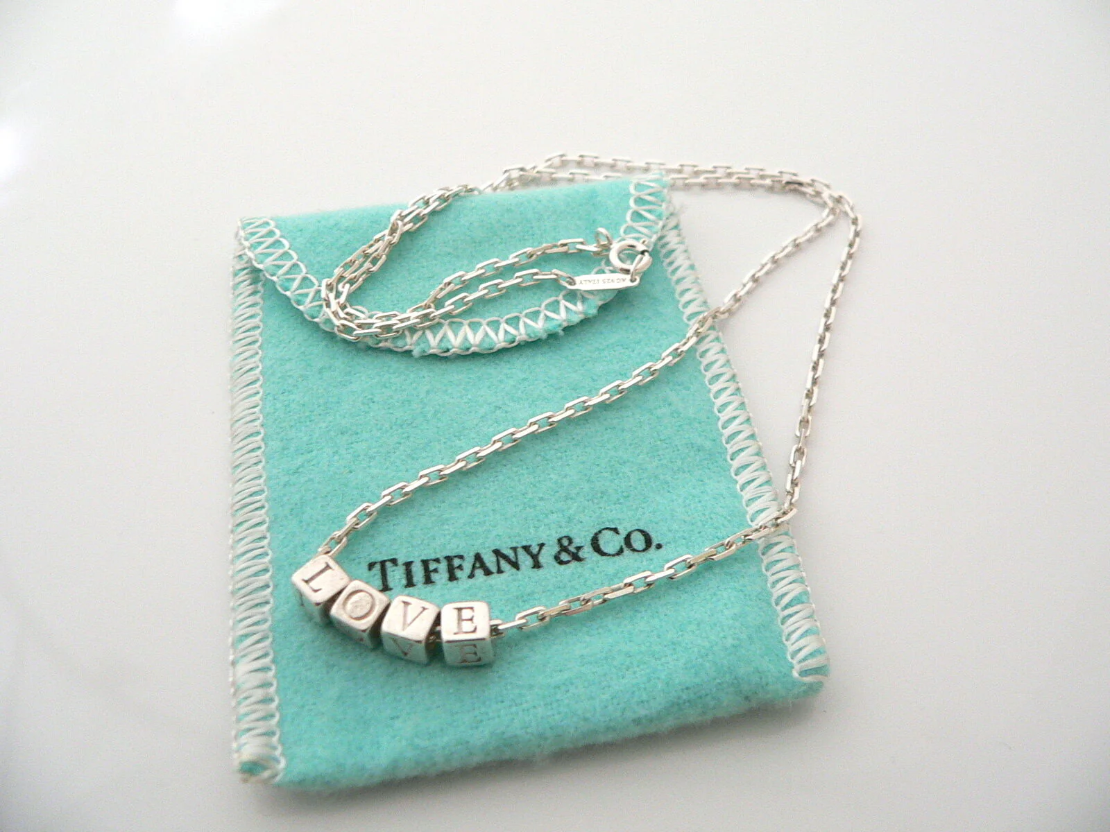 Tiffany & Co LOVE Cube Necklace Pendant Charm 18 In Chain Gift Pouch Silver ERA