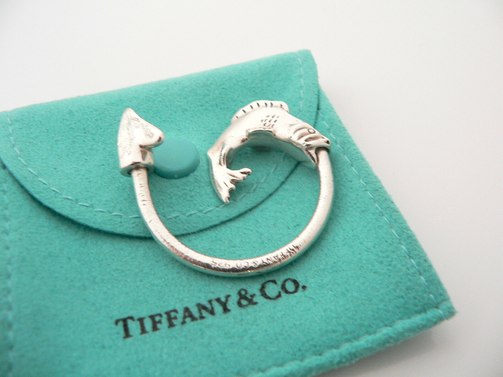 Tiffany & Co Silver Fishing Fish Hook Key Ring Key Chain Keychain Gift Pouch