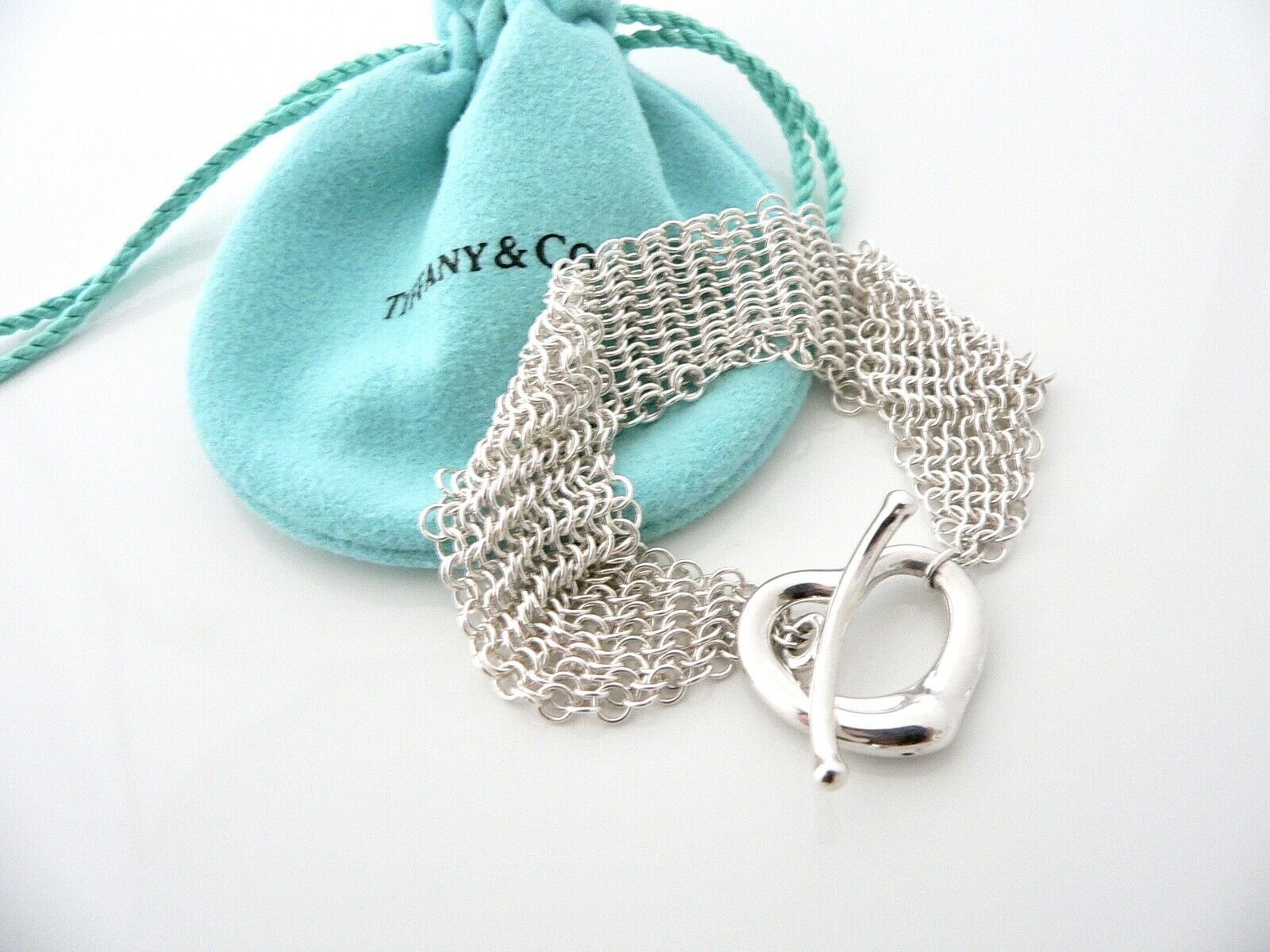 Tiffany & Co Silver Peretti Open Heart Mesh Bracelet Bangle Gift Pouch Love Art