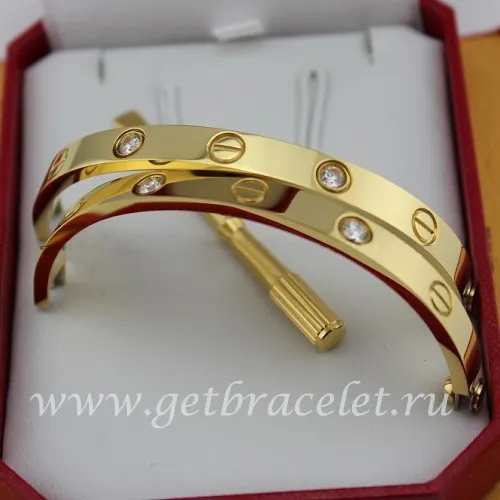 Imitation Cartier Men and Women Yellow Gold Love Bracelet 4 Diamonds B6035916 (New Version - Prevent Screws Fall Out)