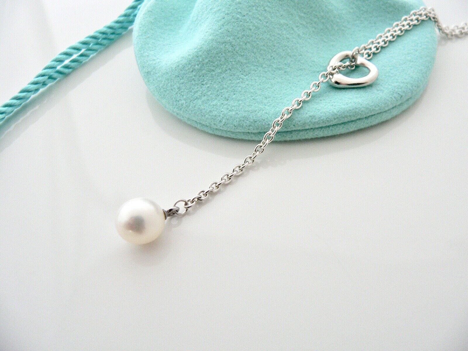 Tiffany & Co Silver Peretti Open Heart Pearl Lariat Necklace Pendant Chain Gift