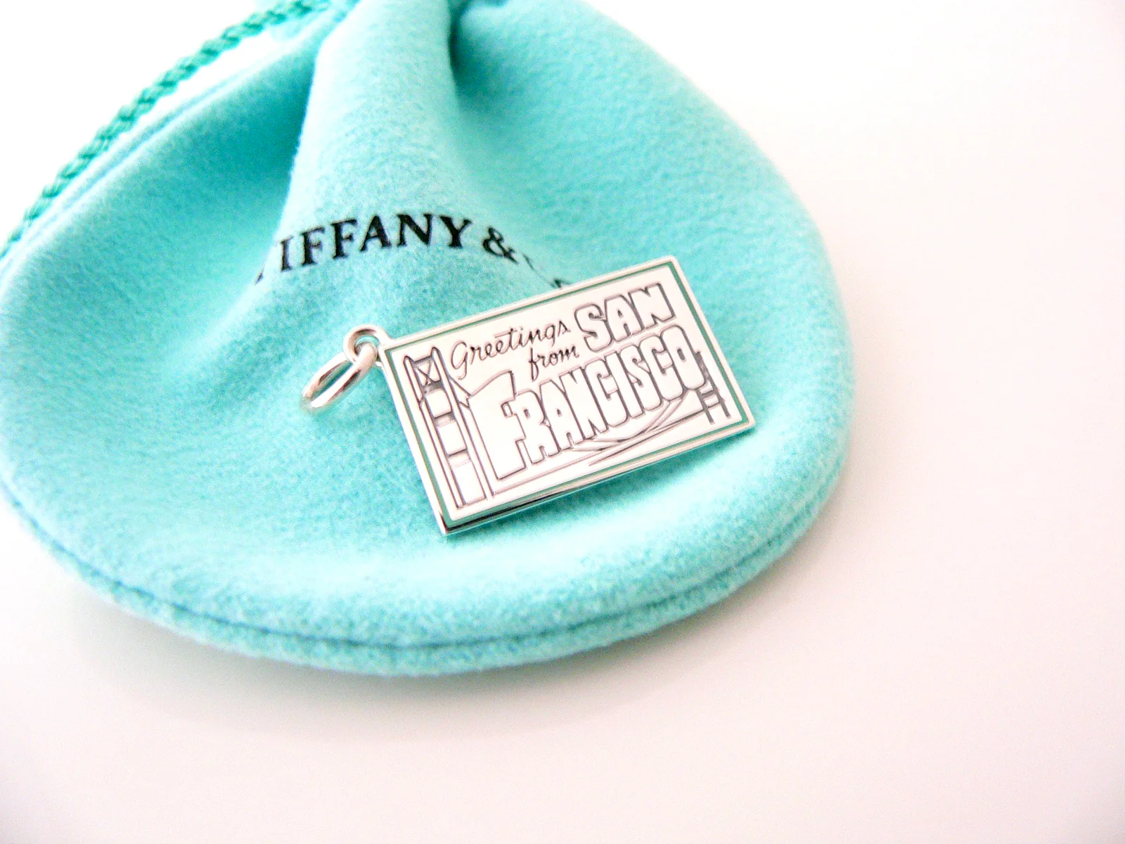 Tiffany & Co San Francisco Postcard Blue Enamel Travel Charm 4 Necklace Bracelet MINT Souvenir