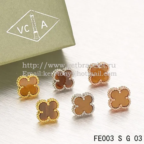 Van Cleef & Arpels Sweet Alhambra Earrings Yellow Gold With Tiger's Eye Mother Of Pearl