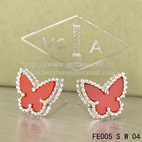 Van Cleef & Arpels Sweet Alhambra Butterfly Earrings White Gold With Carnelian Mother Of Pearl