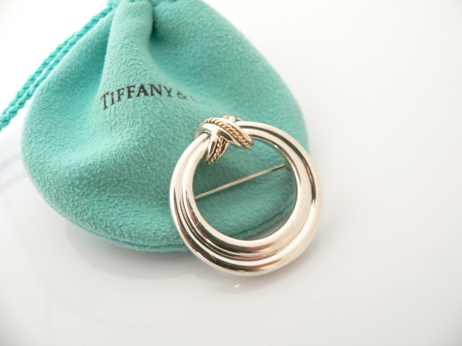 Tiffany & Co Silver 18K Gold Signature X  Rope Brooch Pin Rare Gift Pouch Love