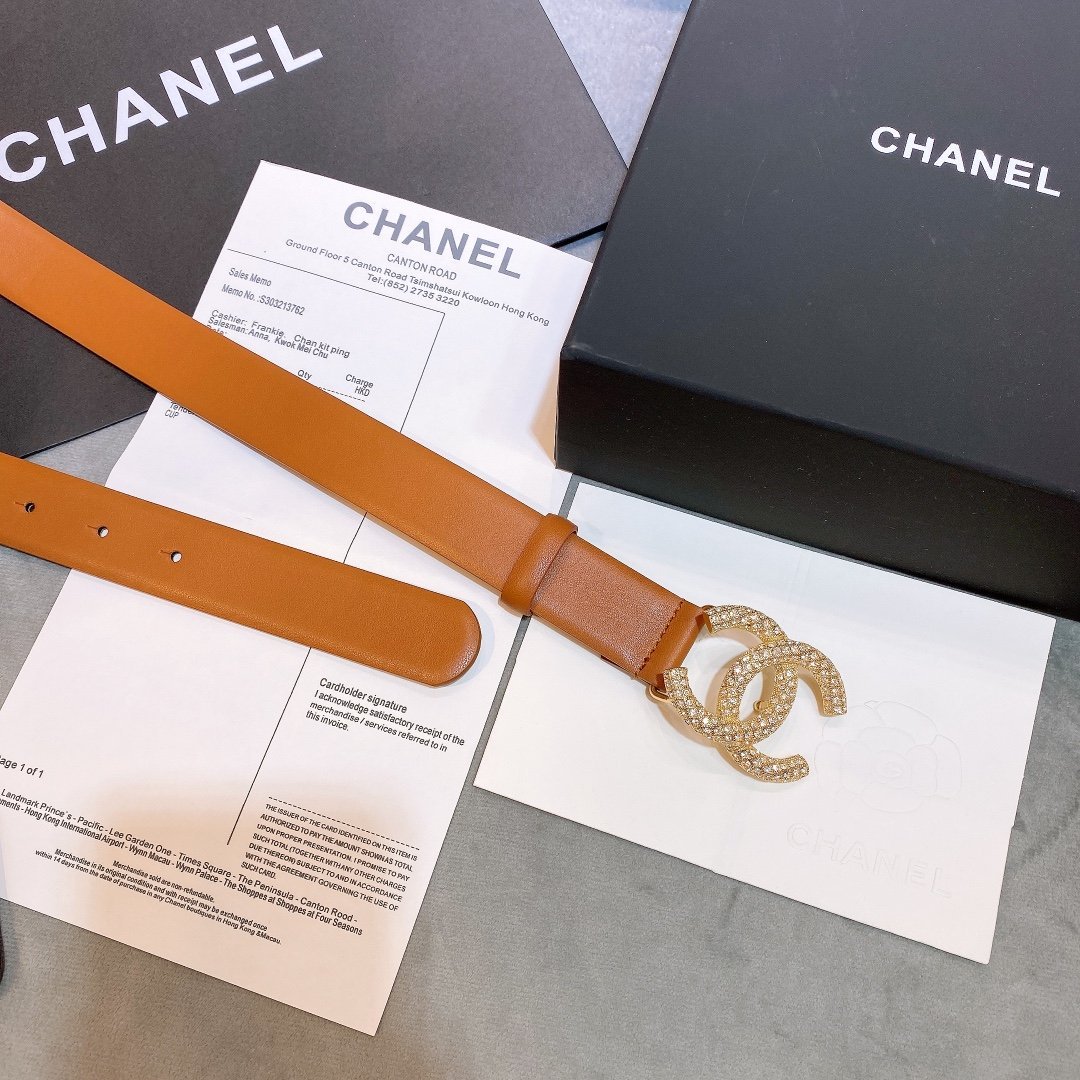 Chanel Brown Belt With Double C Buckle Gold-Toned and Strass Metal Women Belt 30MM