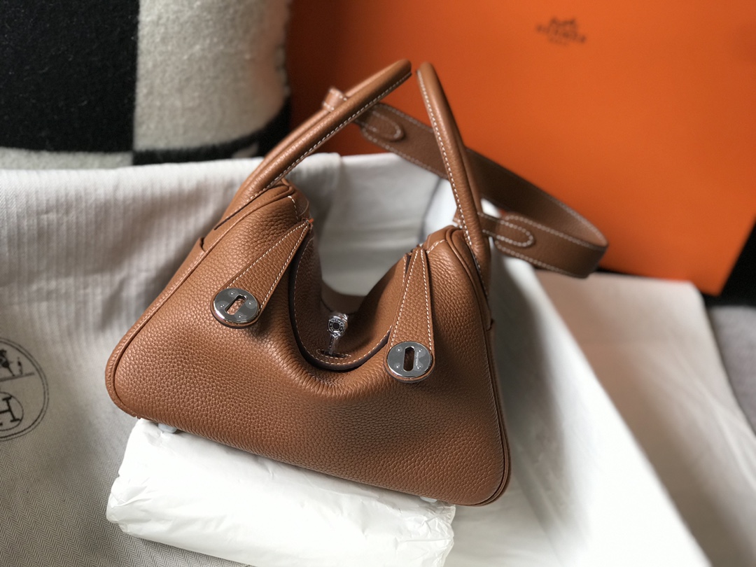 Original Copy Hermes Lindy Handbag Calfskin Brown with Gold and Sliver Hardware
