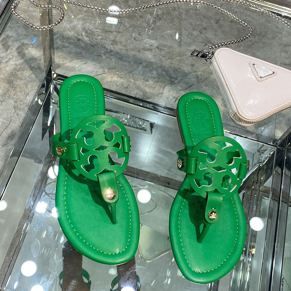 Tory Burch Leather Metal Double T Logo Flip-flops Sandals Slide (Replica)