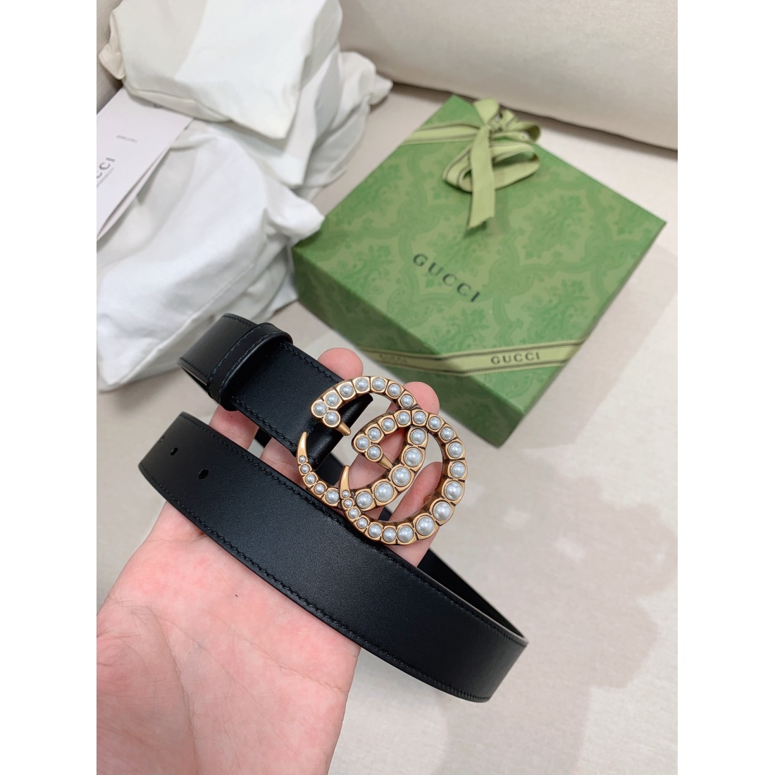 Gucci Cowhide Belt with Pearls 30MM