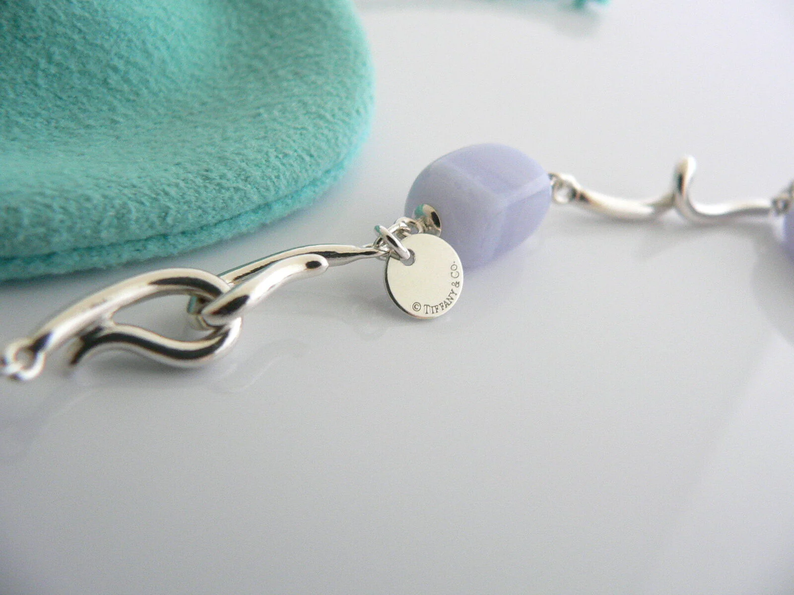 Tiffany & Co Blue Chalcedony Necklace Gemstone Twirl  Pendant Chain Love Gift