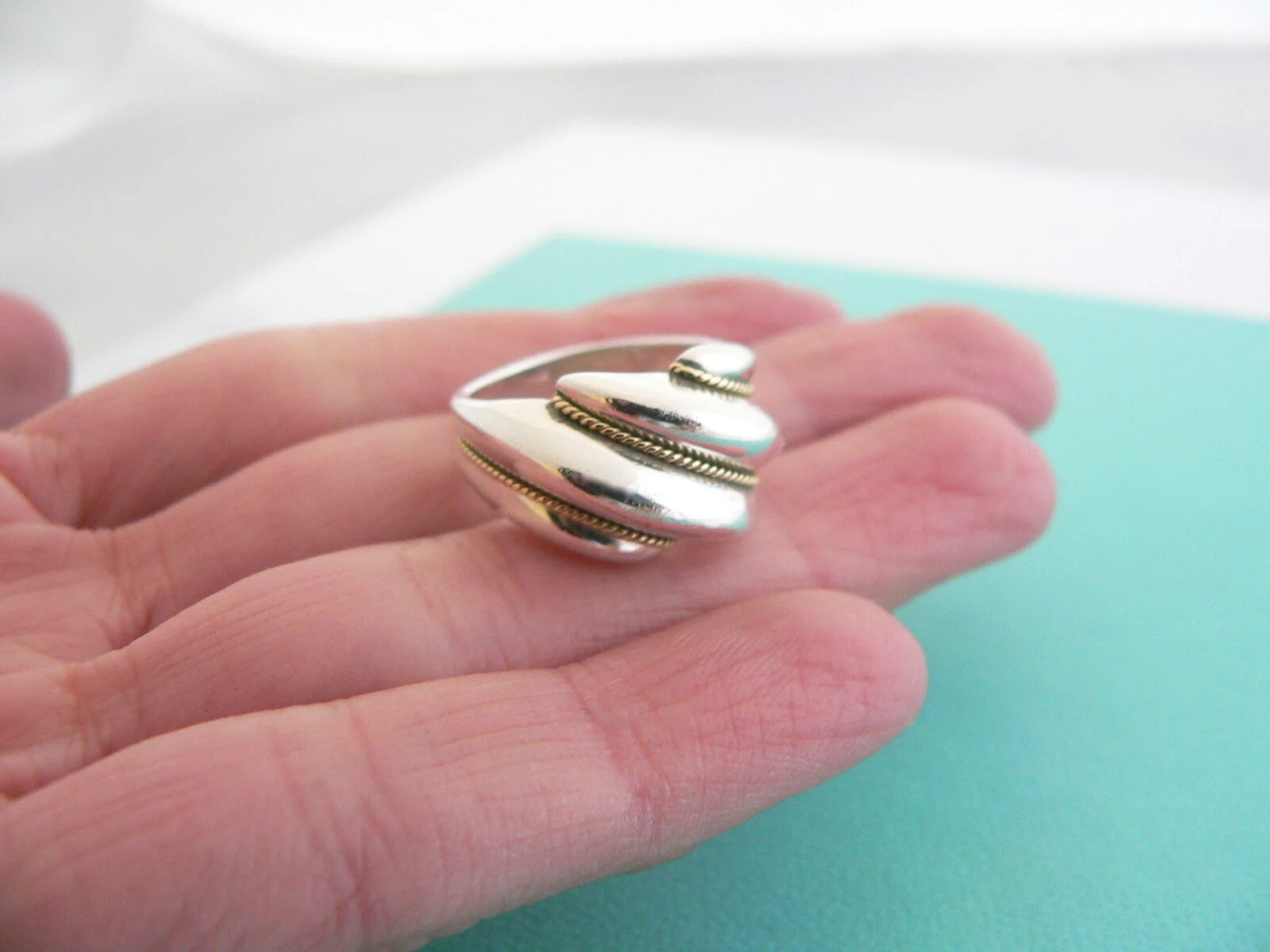 Tiffany & Co Silver 18K Gold Shrimp Twist Ring Band Sz 5 Rare Statement Love