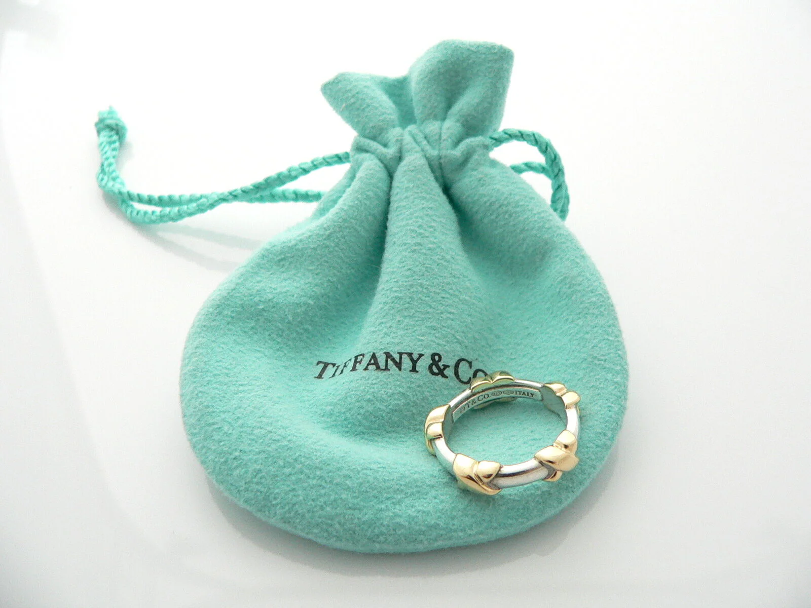 Tiffany & Co Silver 18K Gold Signature X Ring Stacking Band Sz 5.5 Gift Pouch