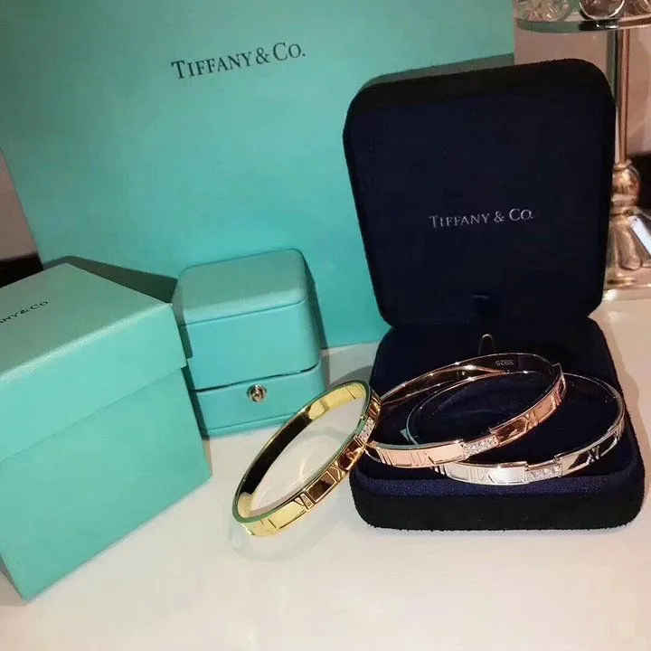 Tiffany Atlas Ladies Closed Hinged Silver Pink/ Yellow Gold Bangle Crystals 2021 Popular GRP03265/GRP03235