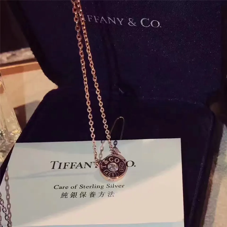 Tiffany 1837 Copy Circle Pendant With One Diamond Necklace Silver/ Rose Gold Gift For Girls 33285973/33286007