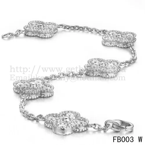 Van Cleef & Arpels Vintage Alhambra Bracelet 5 Motifs White Gold With Round Diamonds
