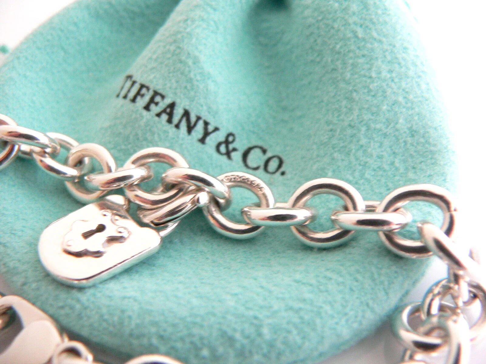 Tiffany & Co Silver Padlock Key Locks Bracelet Bangle Charm Pendant Gift Pouch