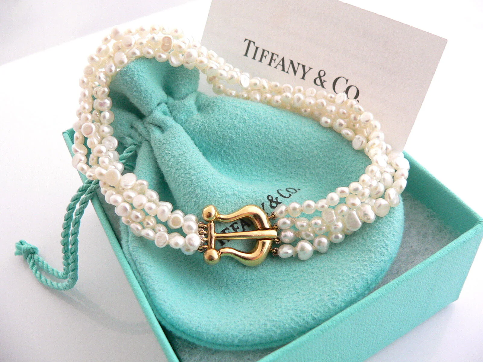 Tiffany & Co 18K Pearl Strand Bracelet Gold Picasso Bangle 8 In Love Gift Pouch
