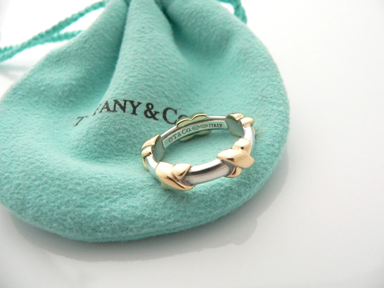 Tiffany & Co Silver 18K Gold Signature X Ring Stacking Band Sz 5.5 Gift Pouch