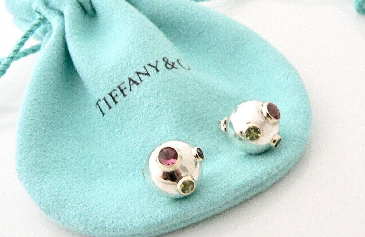 Tiffany & Co Silver 18K Gold Gemstone Etoile Peridot Sapphire Earrings Studs