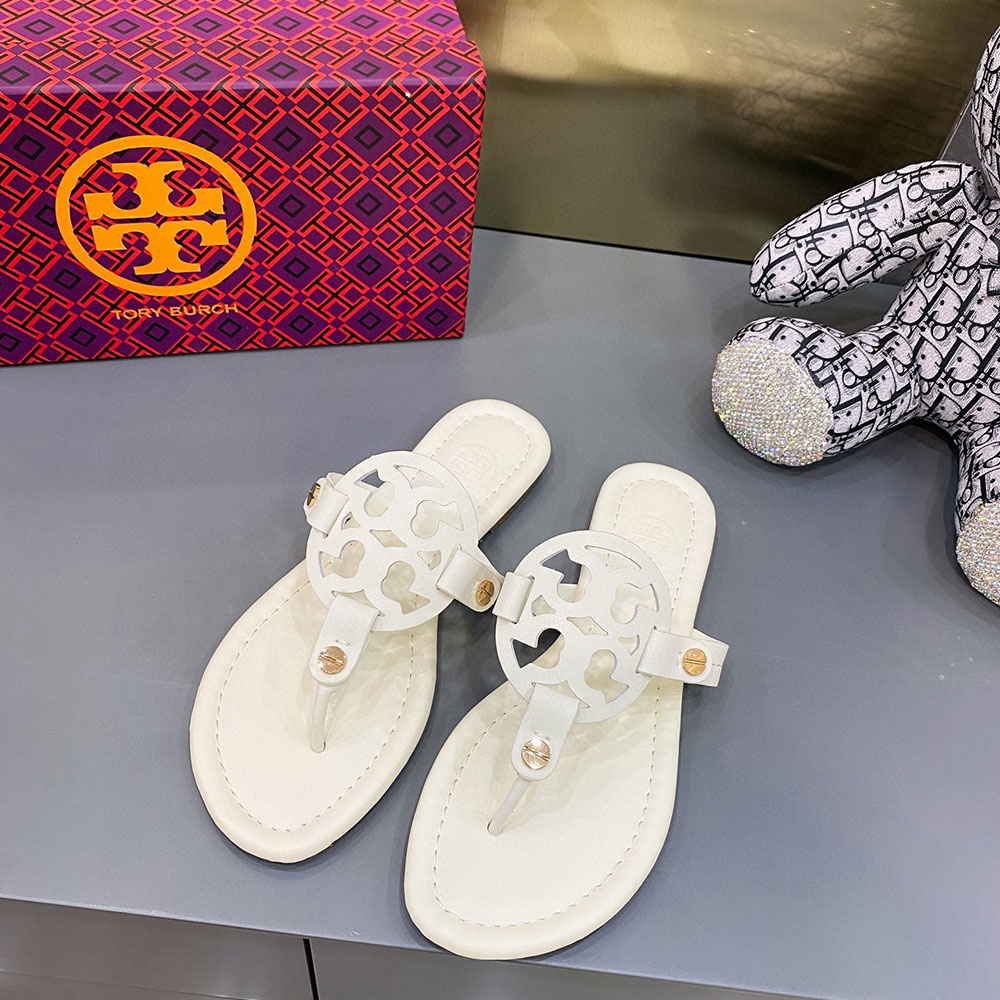 Tory Burch Leather Metal Double T Logo Flip-flops Sandals Slide (Replica)