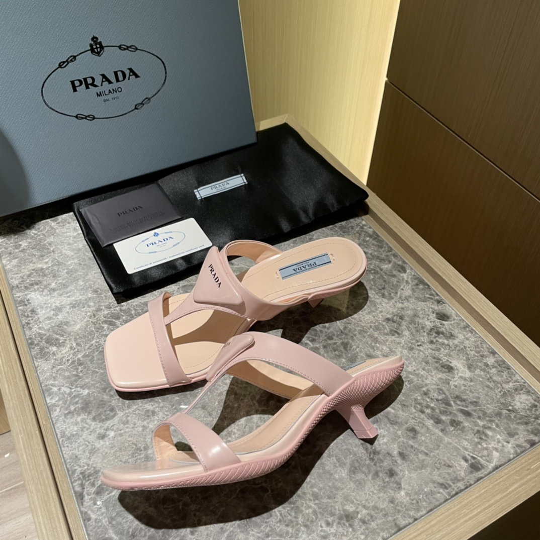 Prada  Polished Leather Sandals Slide  (Replica)