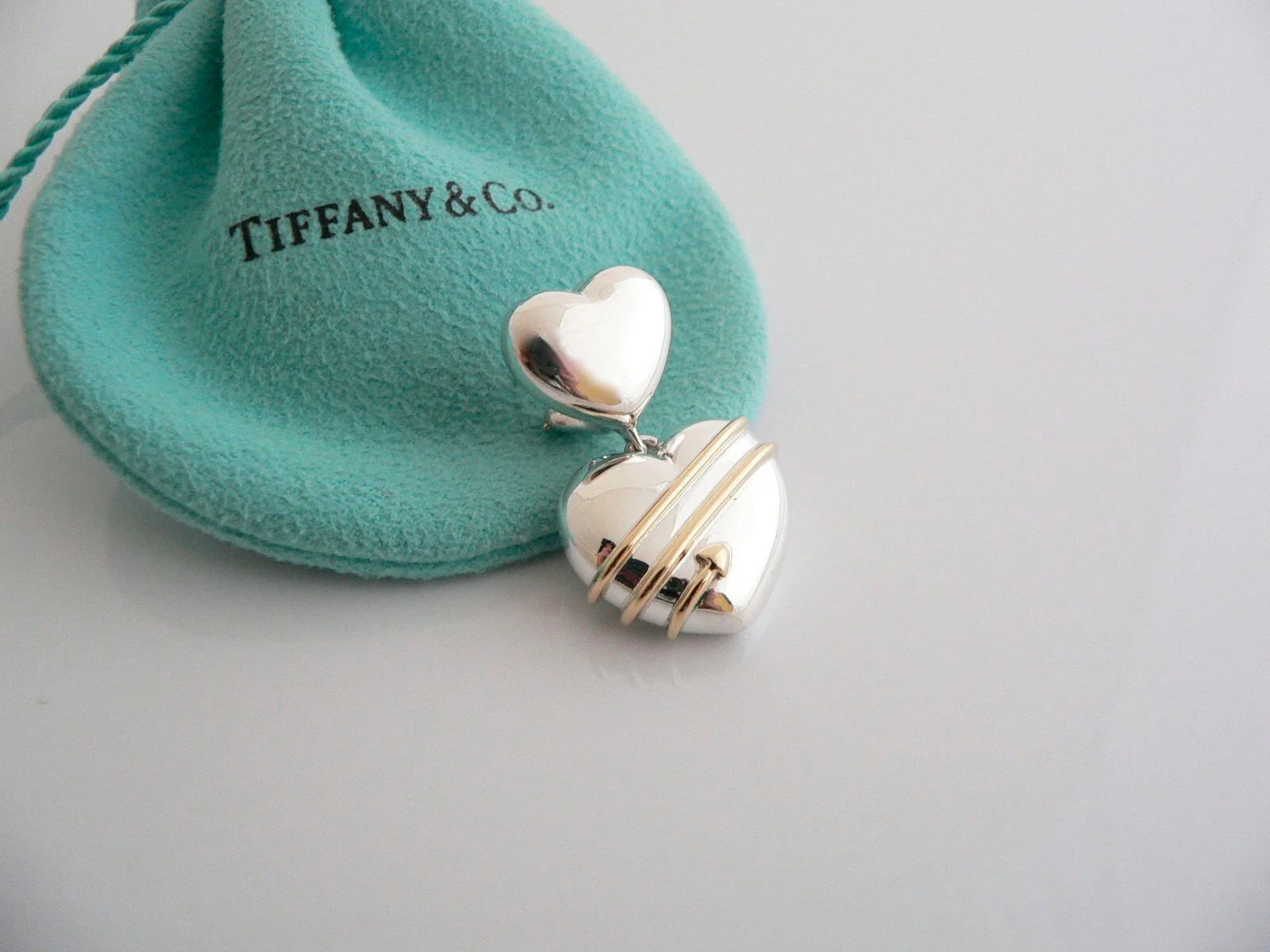 Tiffany & Co Silver 18K Gold Heart Earrings Arrow Dangling Pierced Love Gift Art