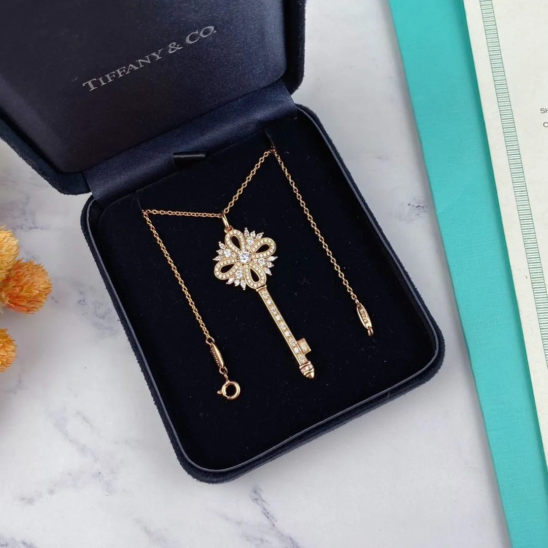 New Style Tiffany Victoria Key Pendant White Gold Diamonds Necklace For Ladies Silver/ Yellow Gold