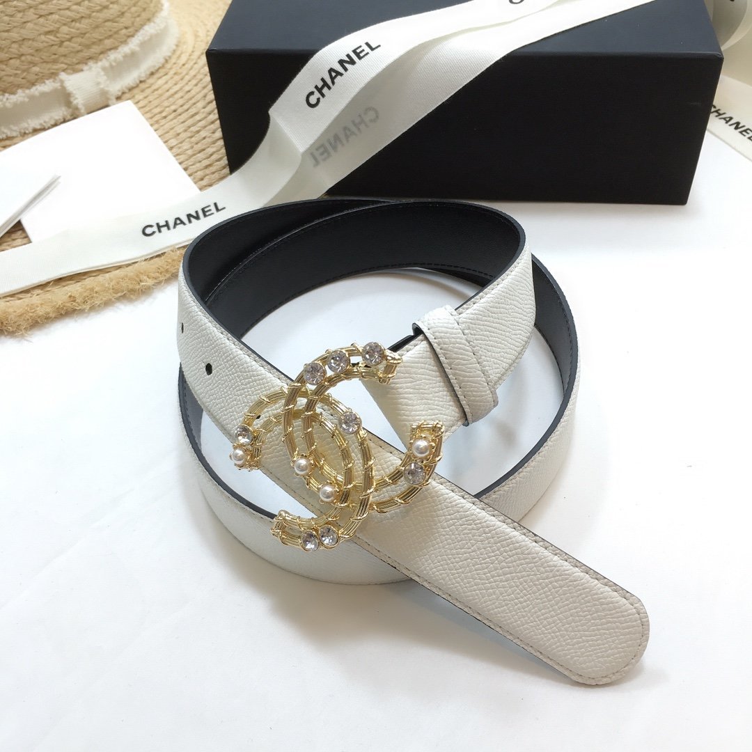 Chanel Belt With Double C Buckle White Gold Chanel Logo Hardware Women Belt 30MM