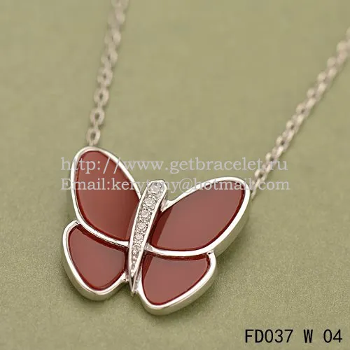 Van Cleef & Arpels Flying Butterfly Pendant Necklace White Gold With Red Onyx Diamonds