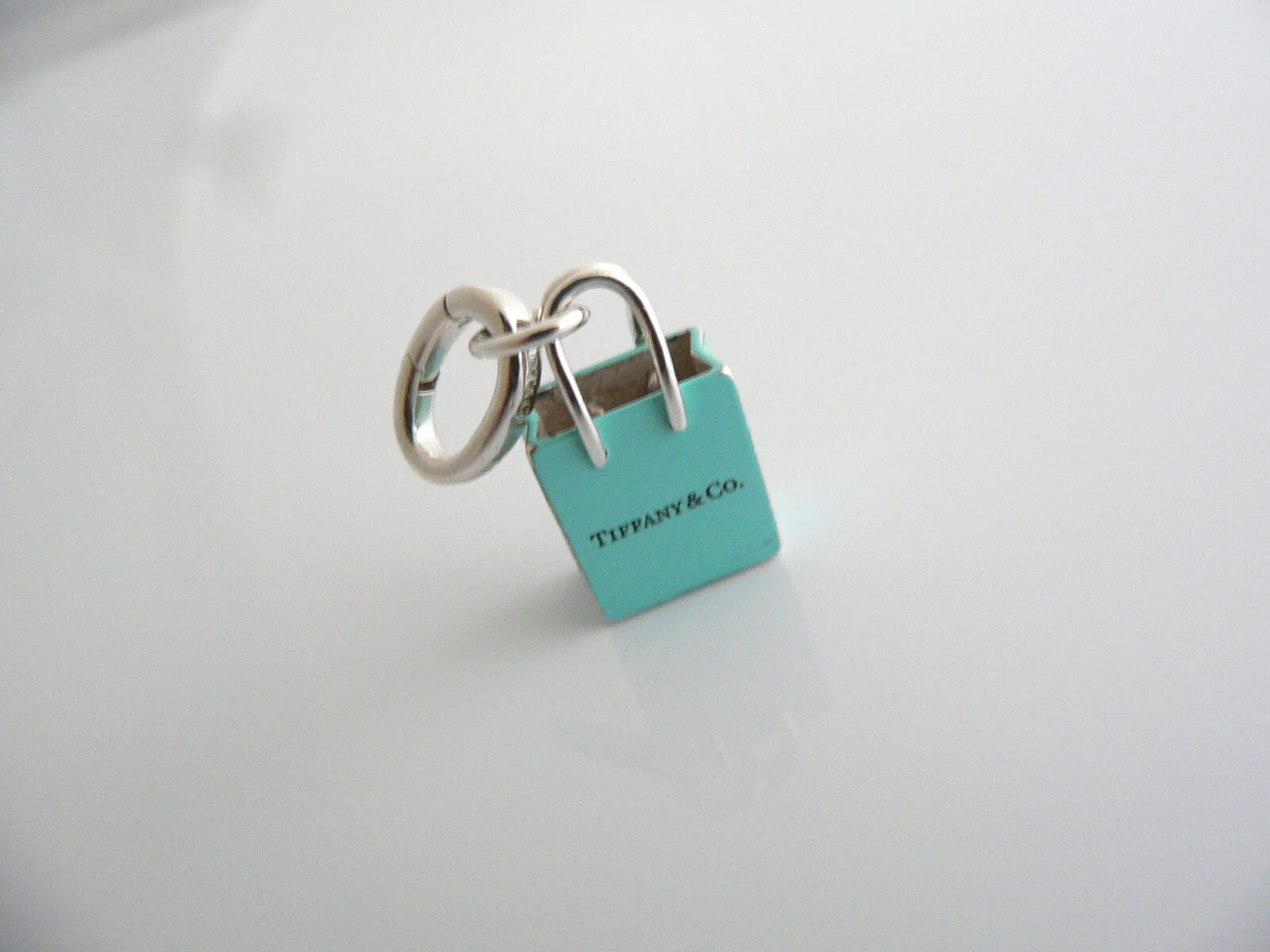 Tiffany & Co Silver Blue Enamel Shopping Bag Charm Pendant Oval Clasp Gift Love
