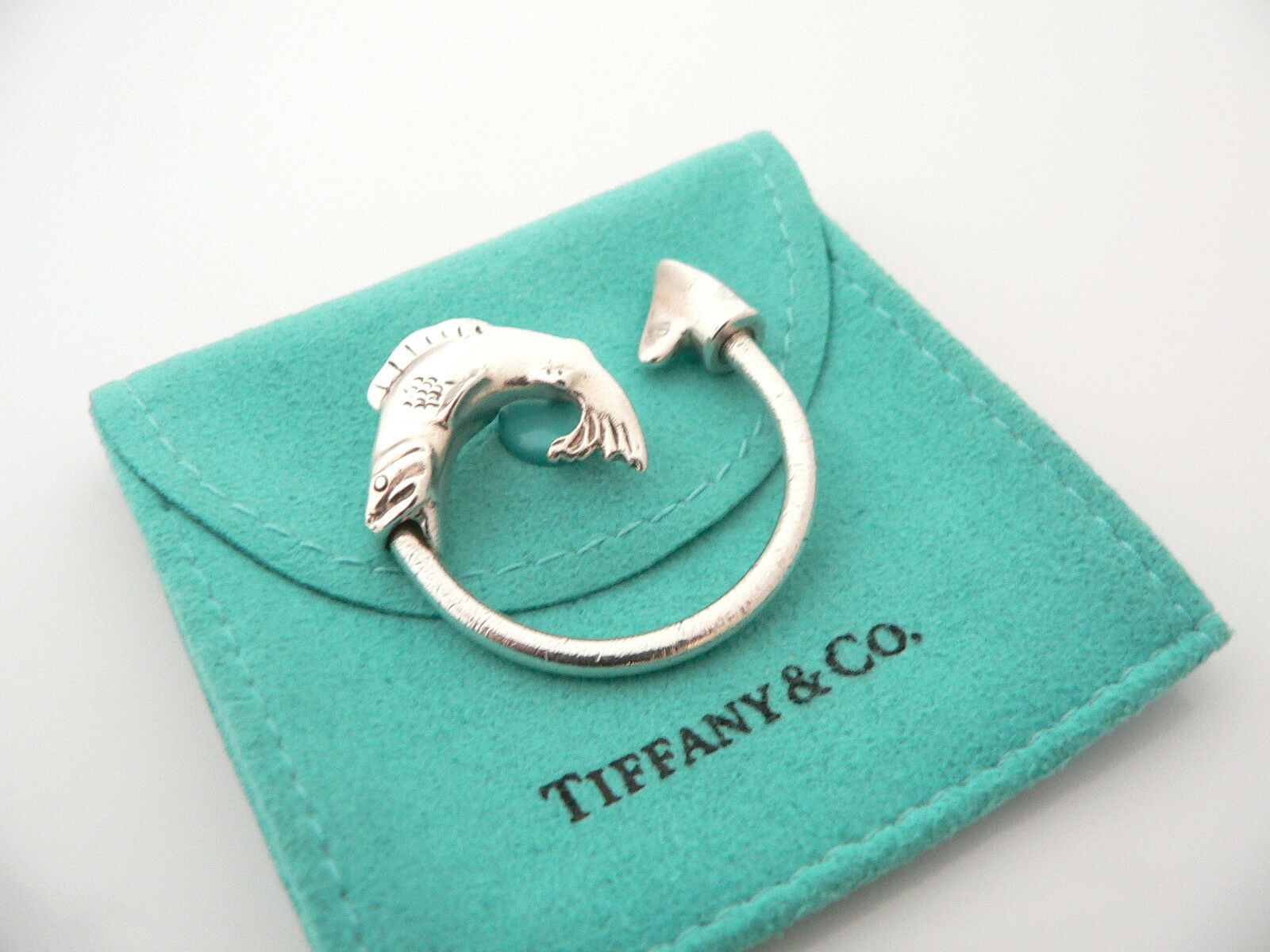 Tiffany & Co Silver Fishing Fish Hook Key Ring Key Chain Keychain Gift Pouch