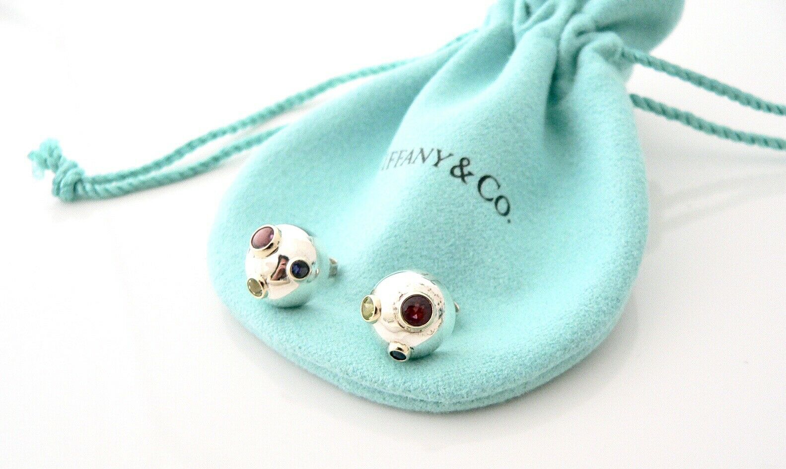 Tiffany & Co Silver 18K Gold Gemstone Etoile Peridot Sapphire Earrings Studs