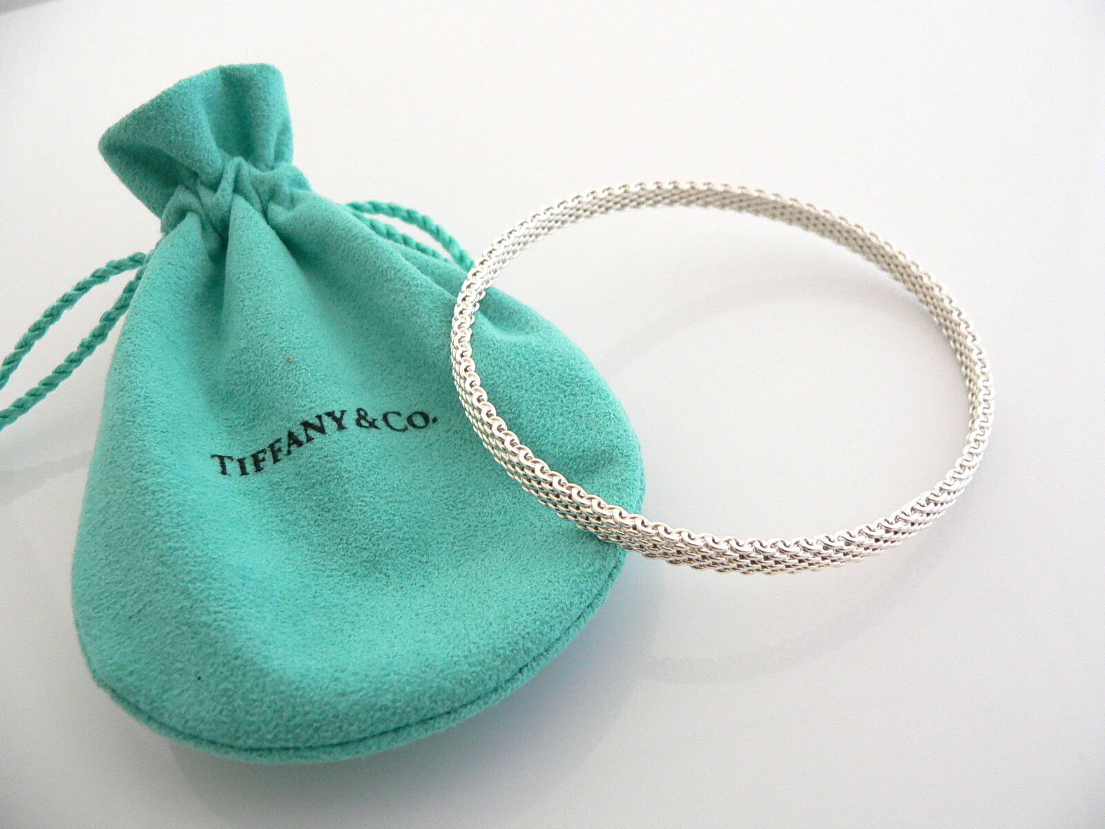 Tiffany & Co Silver Somerset Mesh Narrow Bracelet Bangle Rare Gift Pouch Love