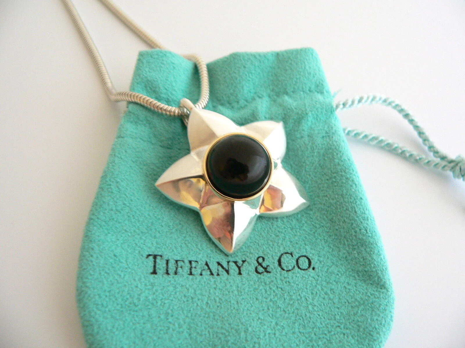 Tiffany & Co Onyx Star Necklace 18K Gold Silver Pendant Snake Chain Gift Pouch