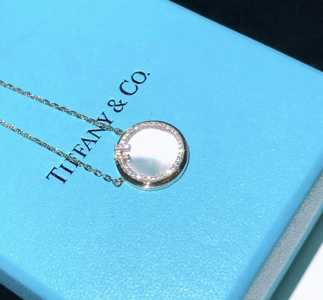Women's Latest Style Tiffany Double T Diamonds Circle Mother-Of-Pearl Pendant Silver Necklace