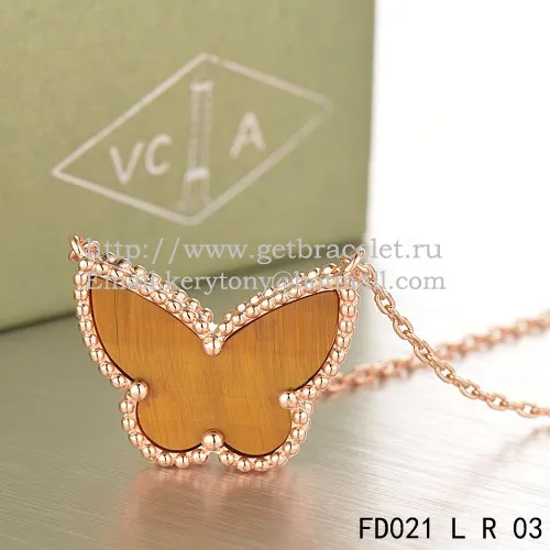 Van Cleef Arpels Lucky Alhambra Butterfly Pendant Pink Gold With Tiger's Eye Mother Of Pearl