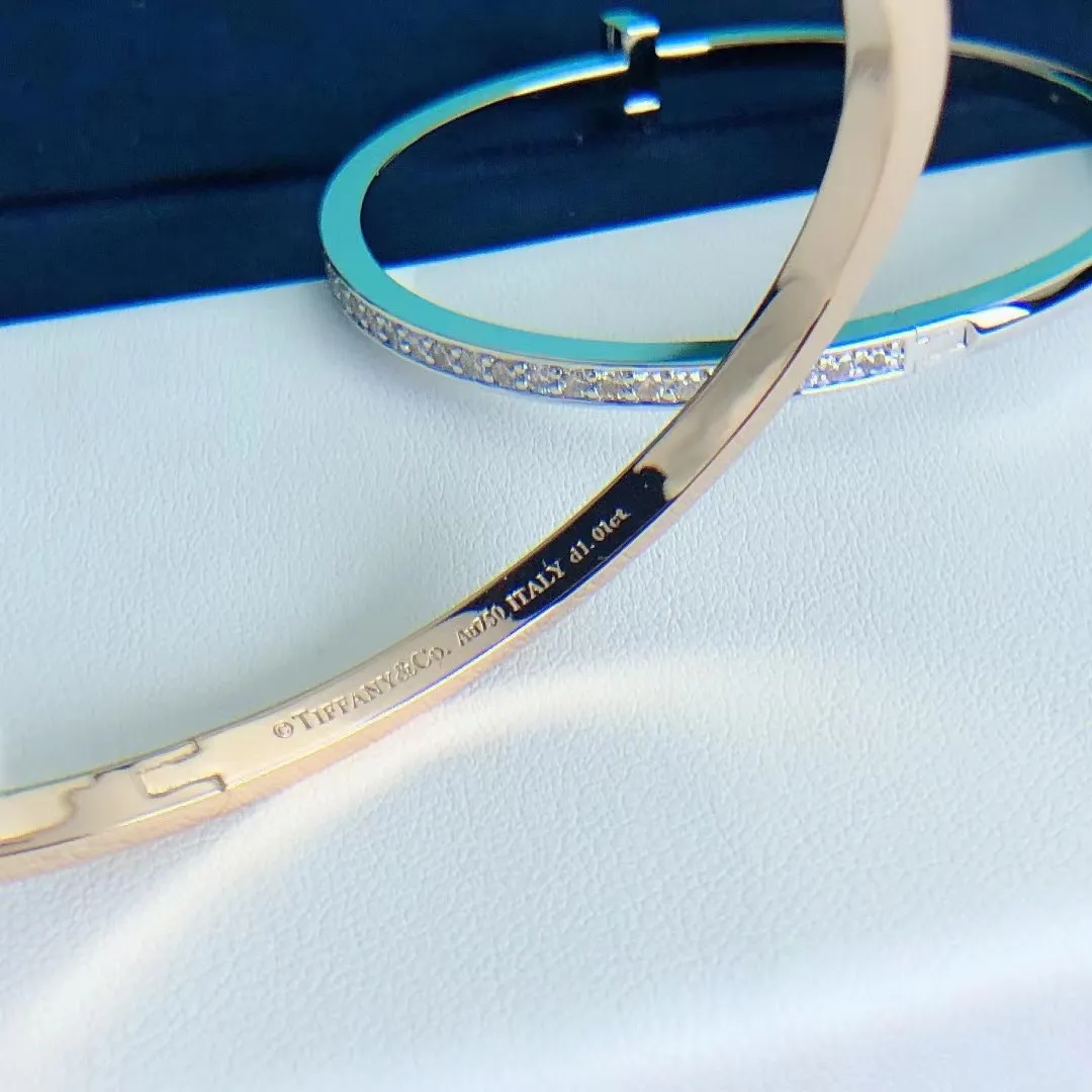 Tiffany T T1 Narrow Hinged Bangle With Diamonds Champagne Gold/White Gold