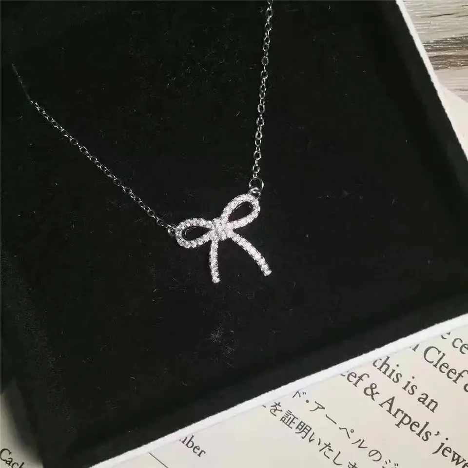 Nice Price Tiffany Bow Bowknot Pendant Studded Crystals Necklace Low Price Sale