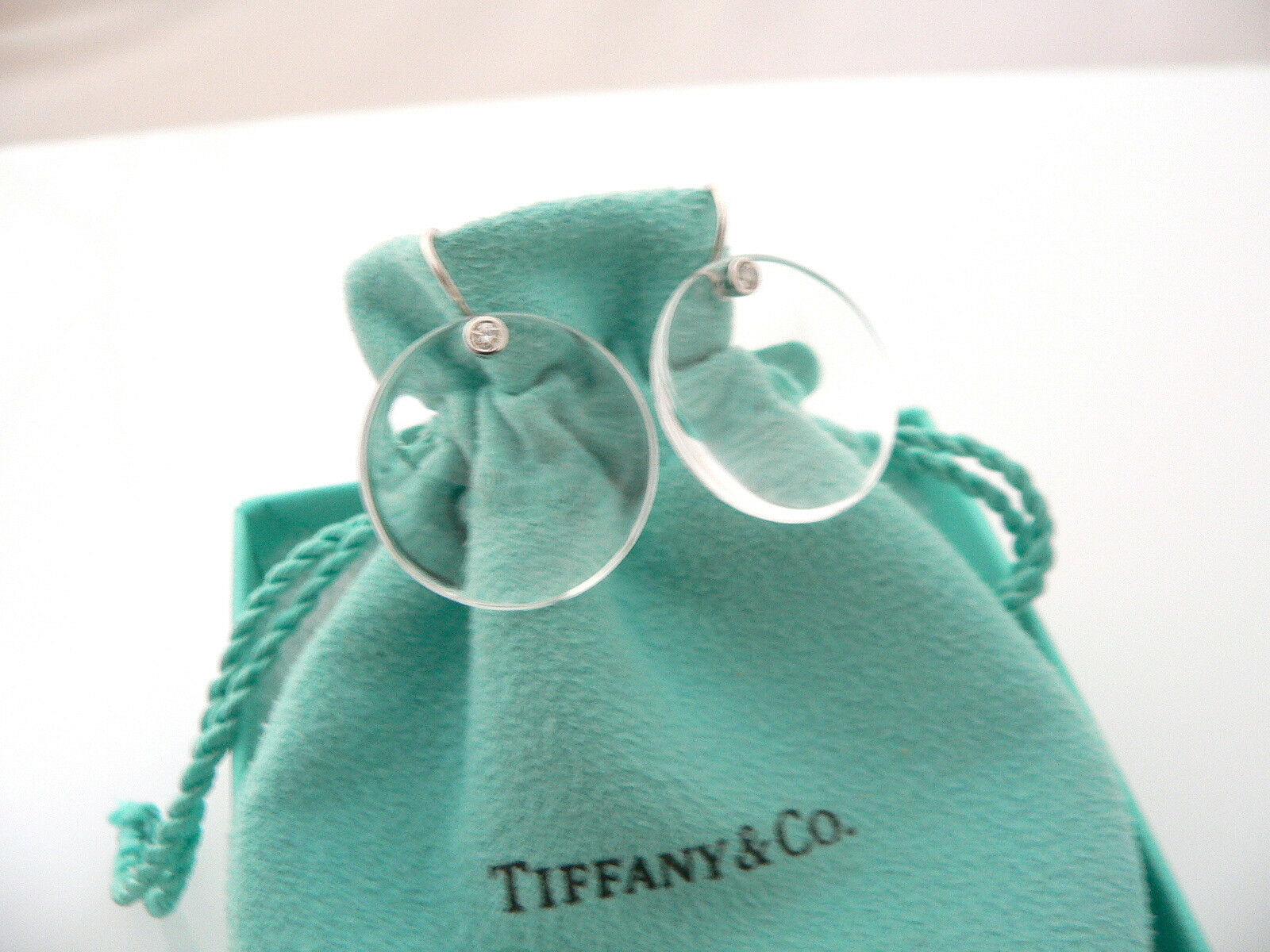 Tiffany & Co Peretti Platinum Diamonds Rock Crystal Disc Dangle Earrings Pouch