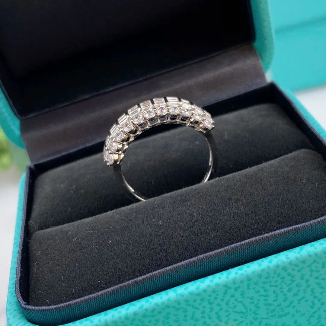 2021 Style Tiffany Sterling Silver Women White Gold Three-row Diamonds Fashion Ring 5/6/7/8 (US)
