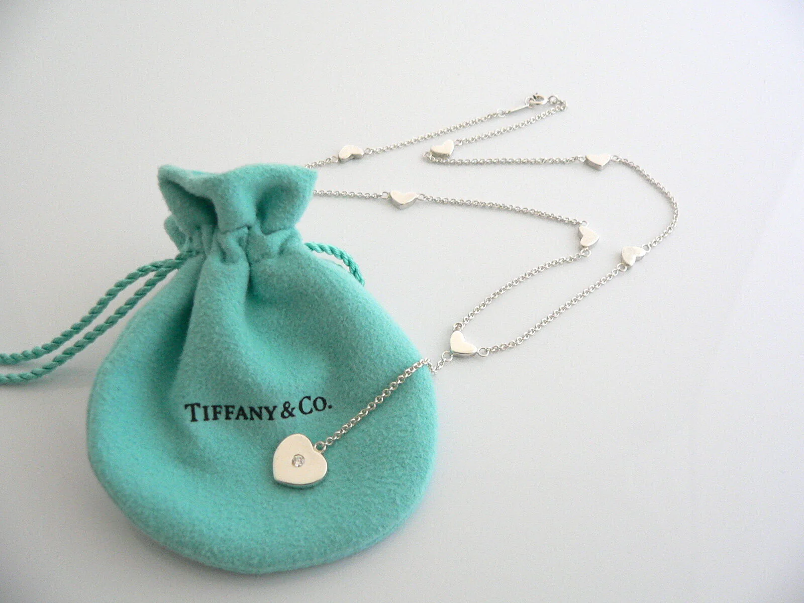 Tiffany & Co Silver Diamond Heart Dangle Drop Necklace Pendant Charm Gift Pouch