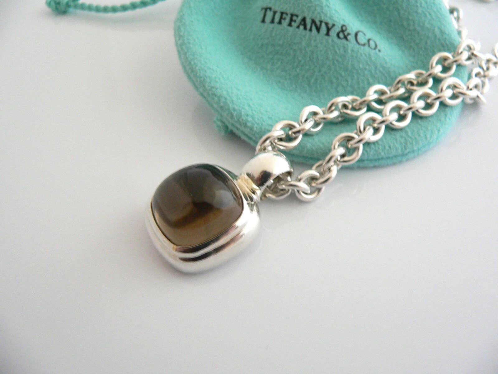 Tiffany & Co Silver Gemstone Toggle Necklace Smoky Quartz Pendant Clasp Gift Art