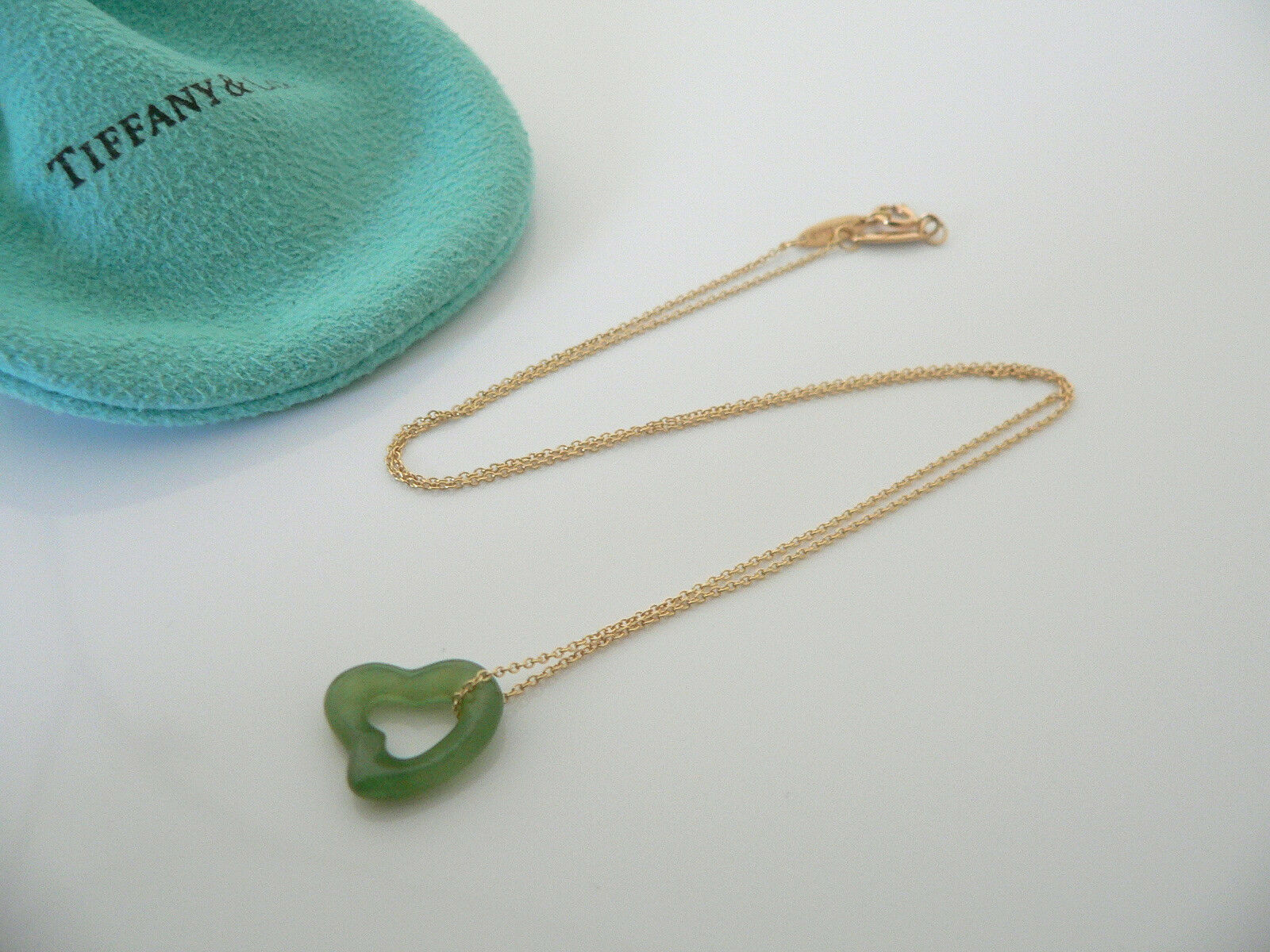 Tiffany & Co Peretti 18K Gold Jade Gemstone Heart Necklace Pendant Charm Chain