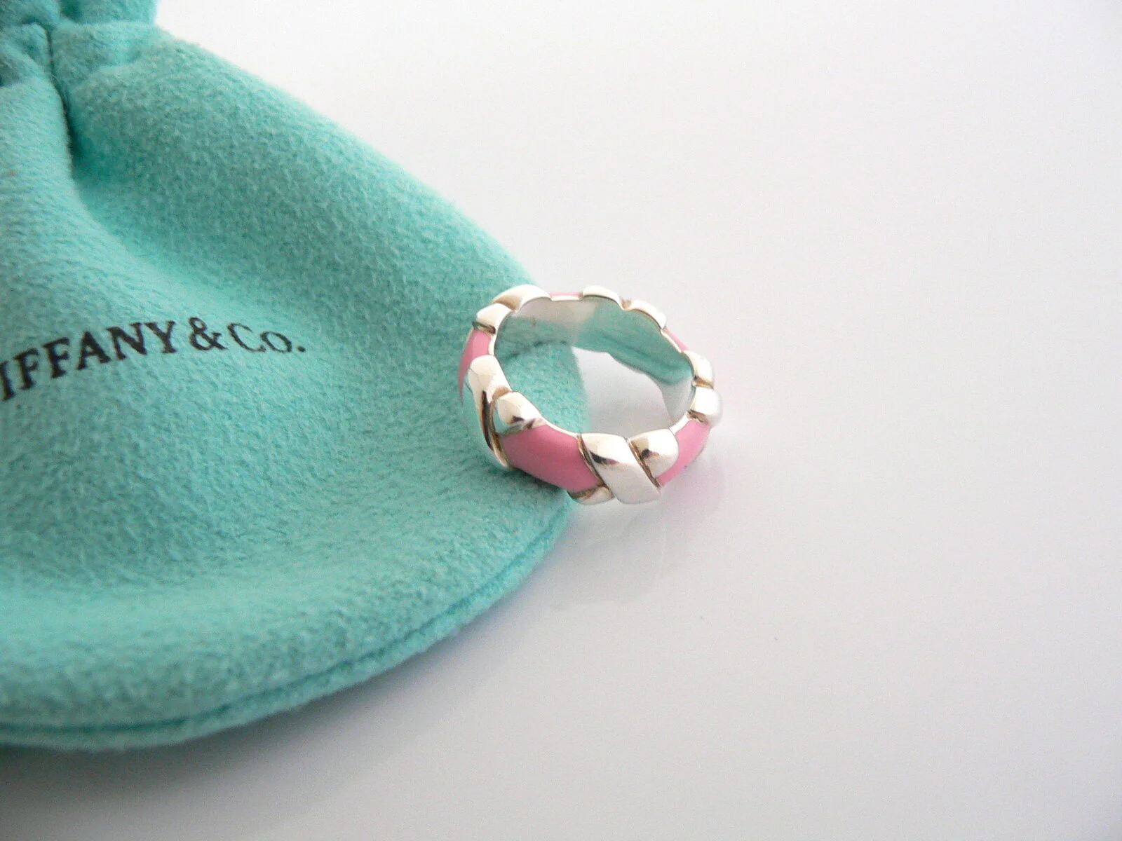 Tiffany & Co Pink Enamel Signature X Ring Band Sz 4.5 Pendant Silver Gift Love