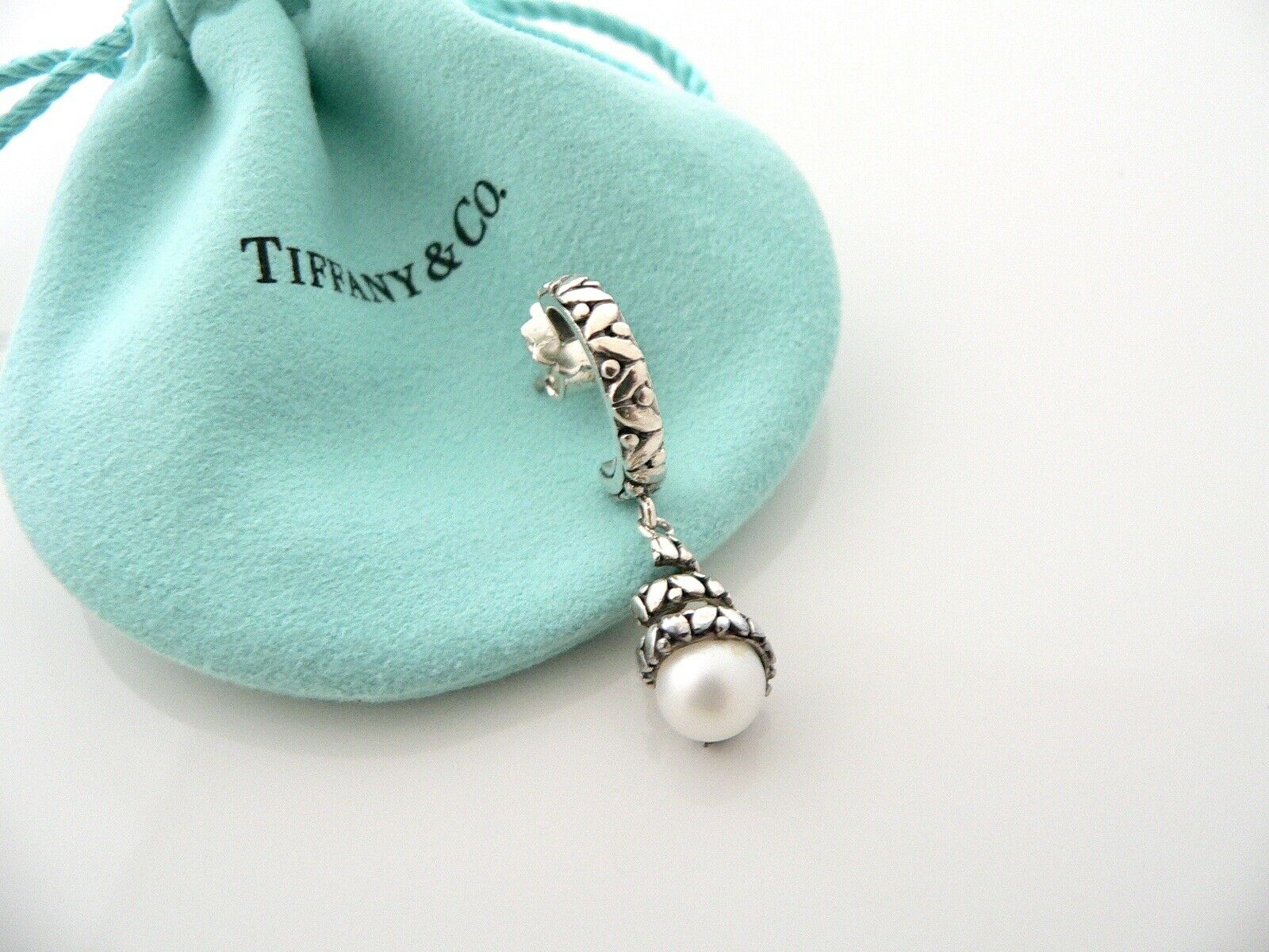 Iridesse Tiffany & Co Pearl Dangle Dangling Hoop Earrings Silver Love Gift Pouch