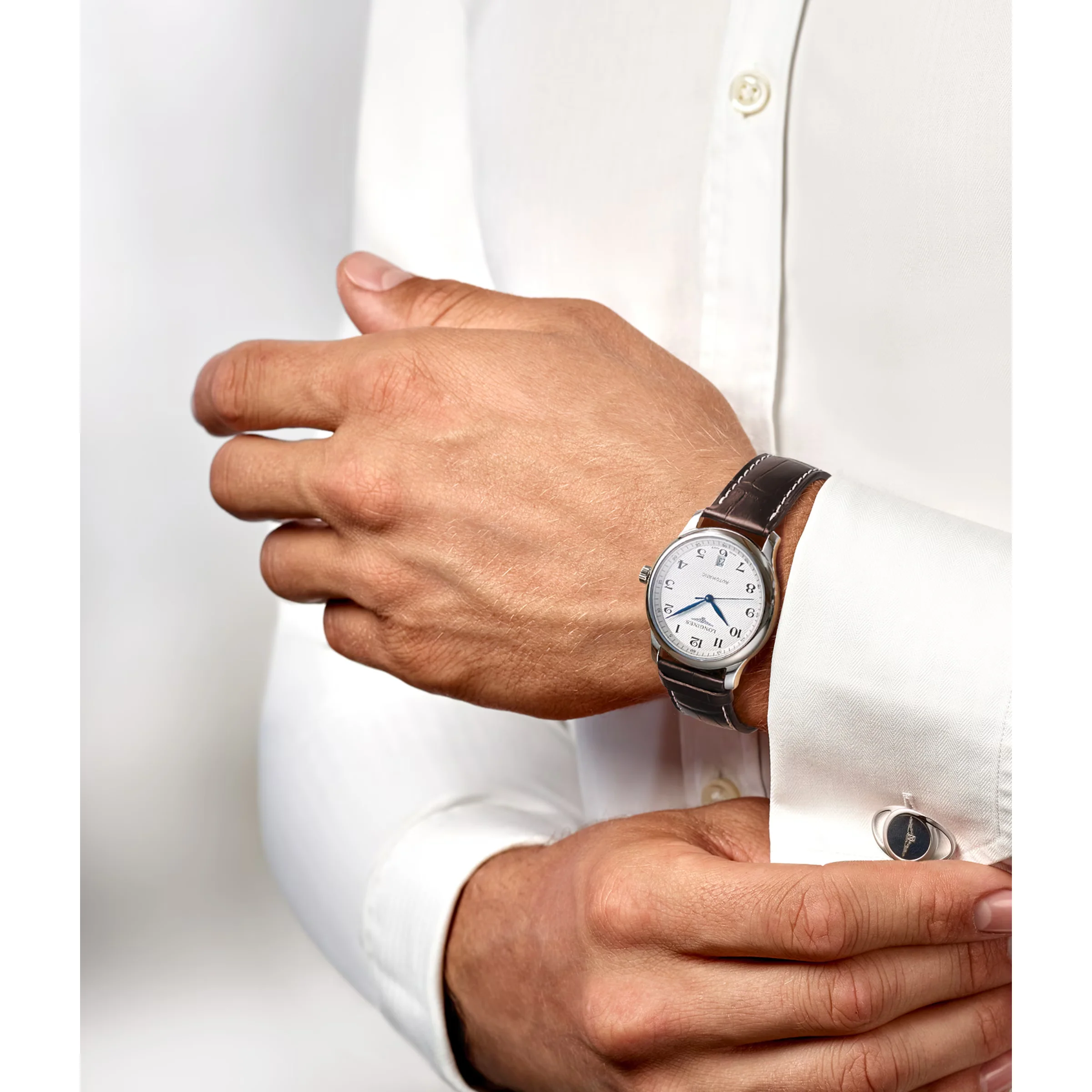 Master 38MM Automatic Silver Date Window Brown Alligator Watch L26284783